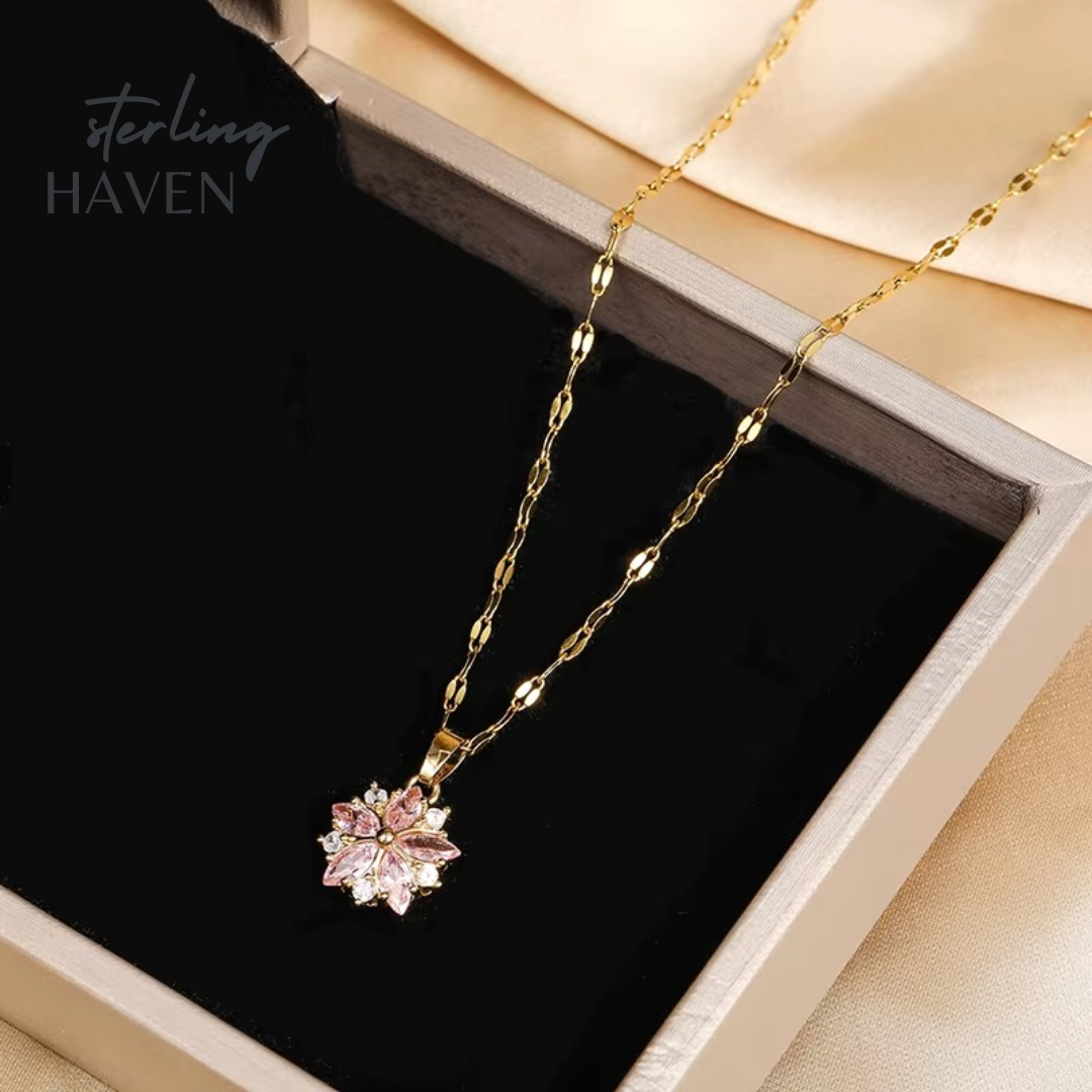 Pink Sakura Flower Pendant Necklace – Stainless Steel Clavicle Chain | Sterling Haven