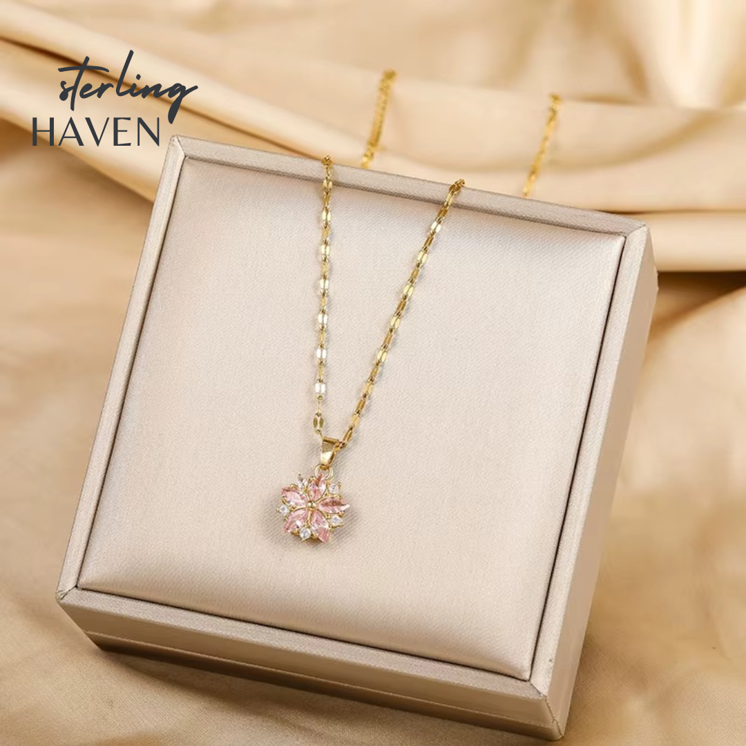 Pink Sakura Flower Pendant Necklace – Stainless Steel Clavicle Chain | Sterling Haven