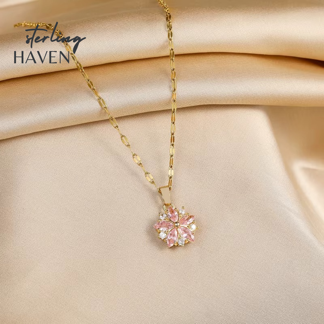 Pink Sakura Flower Pendant Necklace – Stainless Steel Clavicle Chain | Sterling Haven